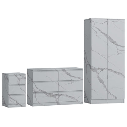 ZITA White Marble Effect 3 Piece Bedroom Set - 2 Door Wardrobe, 6 Drawer Chest & 3 Drawer Bedside, Stylish Bedroom Storage
