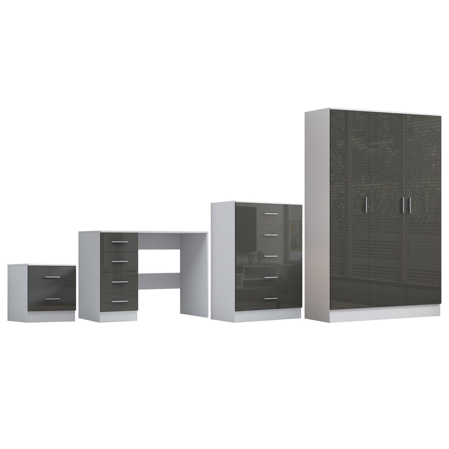 REFLECT Gloss 4pc Bedroom Set - 3 Door Wardrobe + Tall Chest + Bedside + Desk