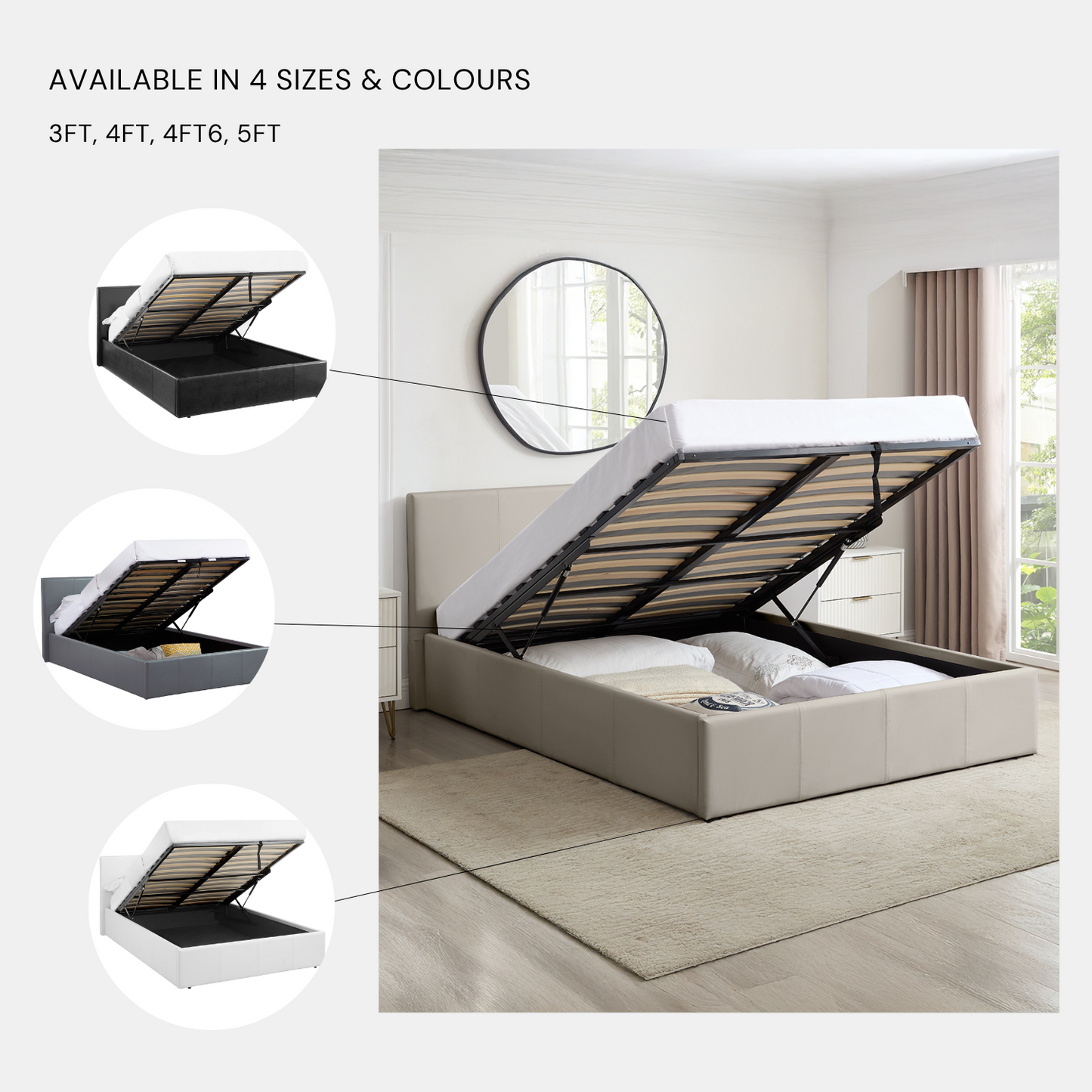 LUNA Faux Leather Gas Lift Ottoman Storage Bedframe in 4 Colour & Size Options