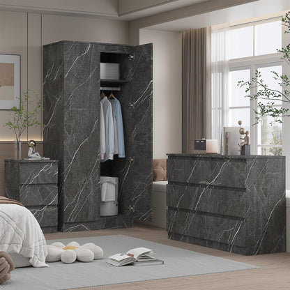 ZITA 3pc Set - 2 Door Wardrobe + Wide Chest + Bedside in White OR Grey Marble
