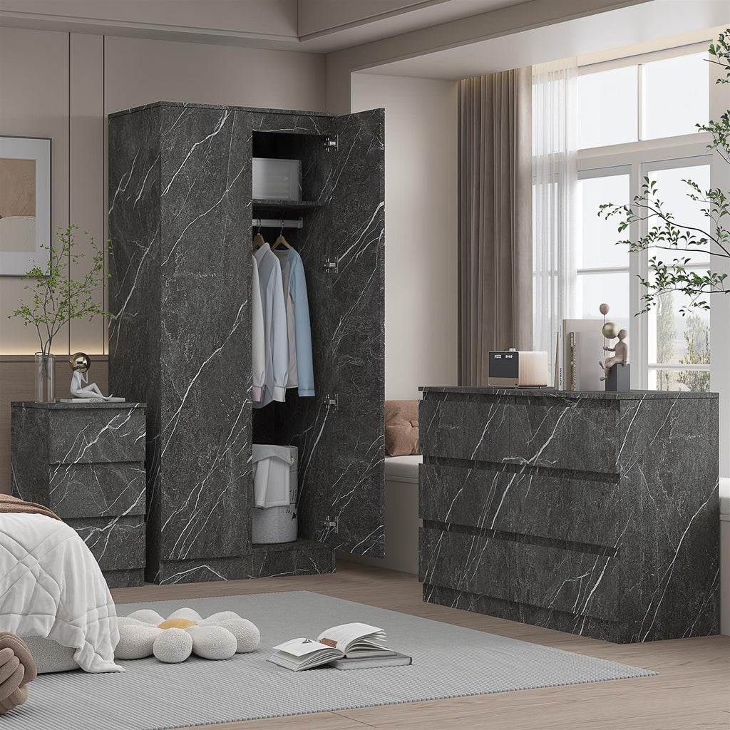 ZITA Grey Marble Effect 3 Piece Bedroom Set - 2 Door Wardrobe, 6 Drawer Chest & 3 Drawer Bedside, Stylish Bedroom Storage