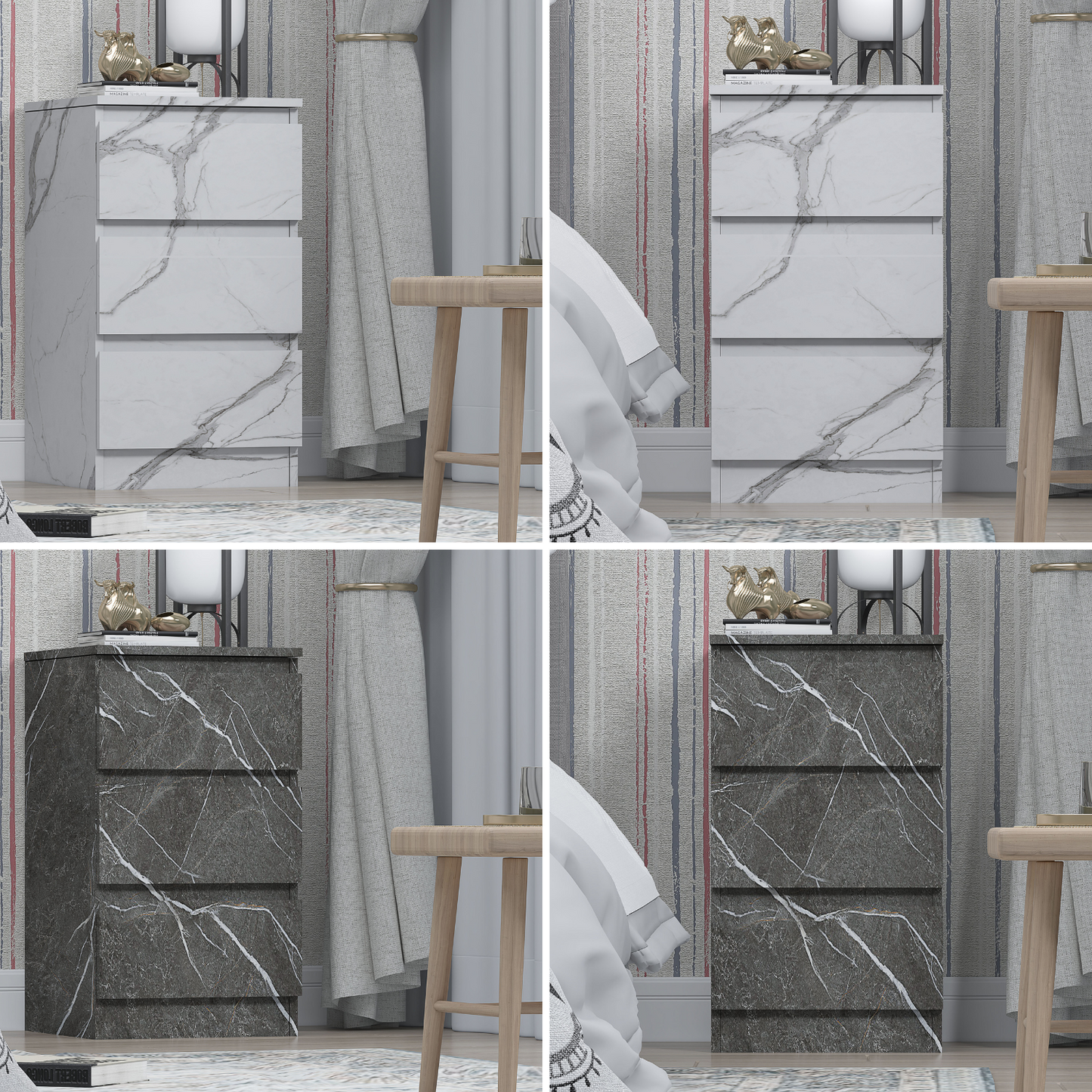 ZITA Bedroom Furniture Tall 3 Drawer Bedside in White OR Grey Marble Colour