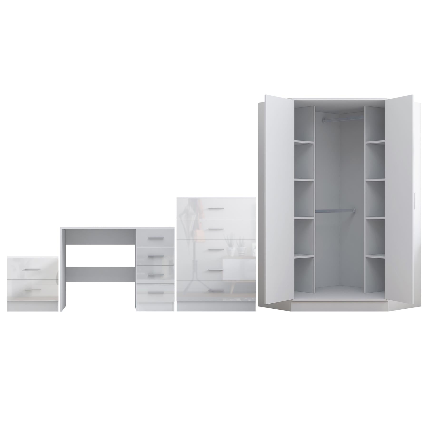 Reflect 2 Door Corner Wardrobe, 5 Drawer Chest, 2 Drawer Bedside & Desk - White Gloss & Matt White - Bedroom Furniture Set
