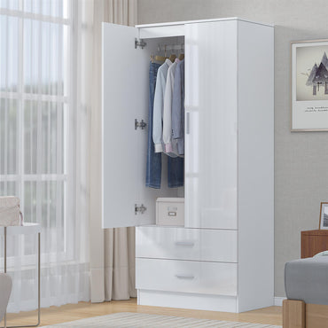 Reflect 2 Door 2 Drawer Combi Plain Wardrobe - White Gloss & Matt White - Hanging Rails, Drawers & Shelf