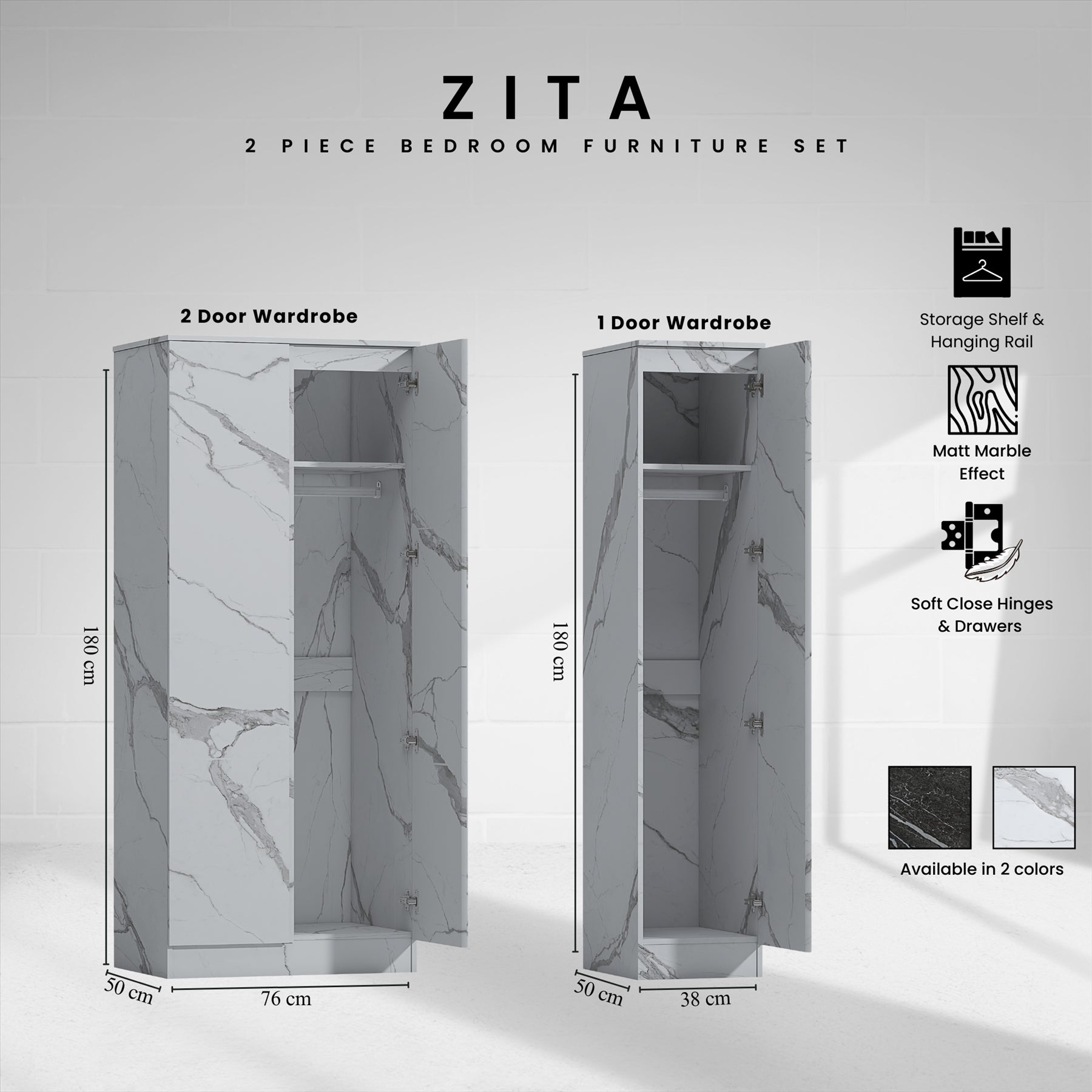 ZITA White Marble Effect 2 Piece Wardrobe Set - 2 Door and 1 Door, Spacious Bedroom Storage Solutions
