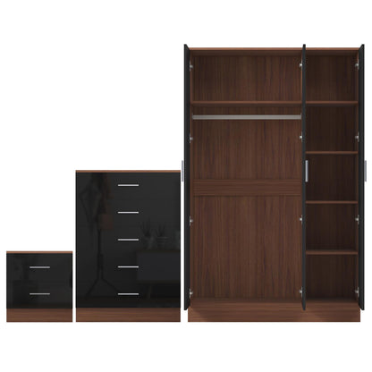 Reflect 3 Door Plain Wardrobe, 5 Drawer Chest, 2 Drawer Bedside - Black Gloss & Walnut - Modern Bedroom Furniture Set