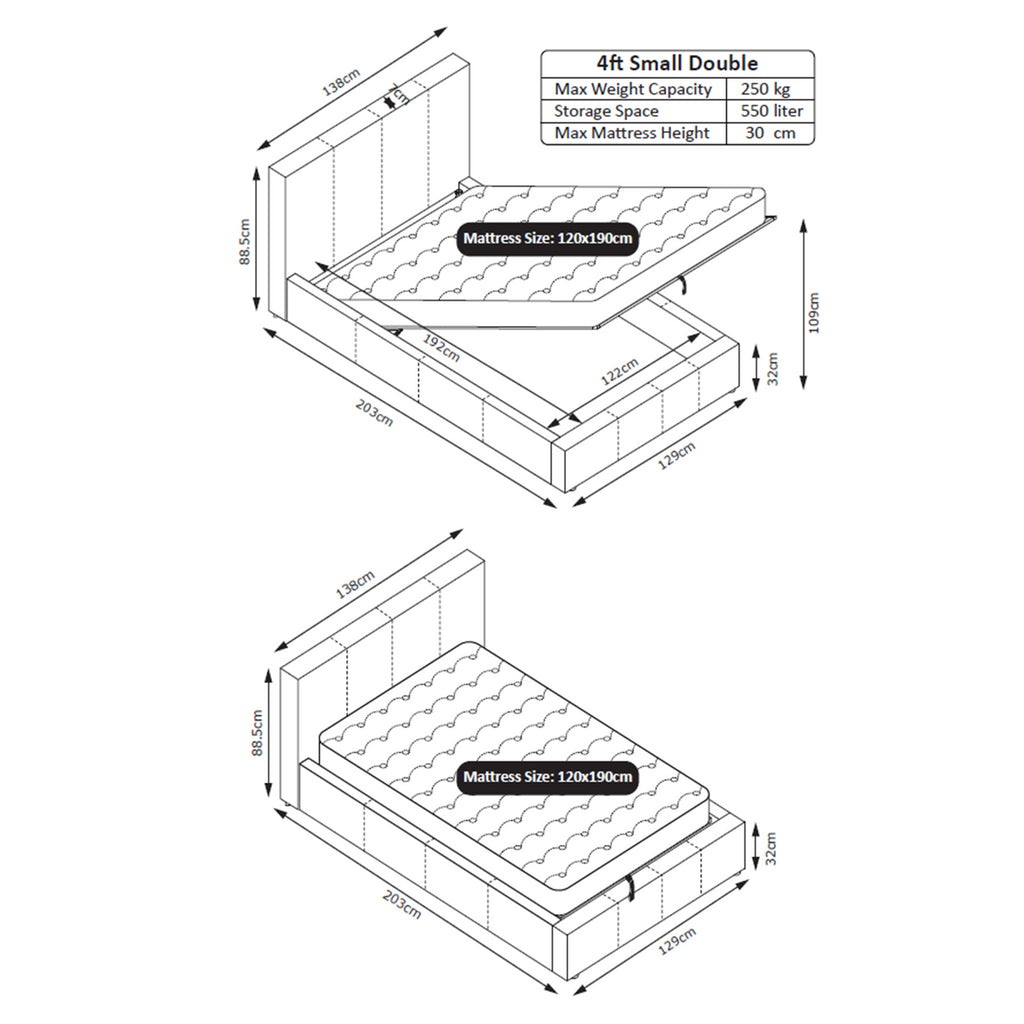 TEDDY BOUCLE 4FT Small Double Beige Ottoman Storage Bed Gas Lift Up with Memory Foam & Spring Mattress