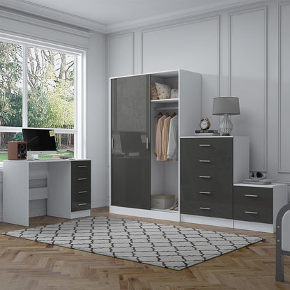 REFLECT Gloss 4pc Set - 2 Door Sliding Wardrobe + 5 Draw Chest + Bedside + Desk