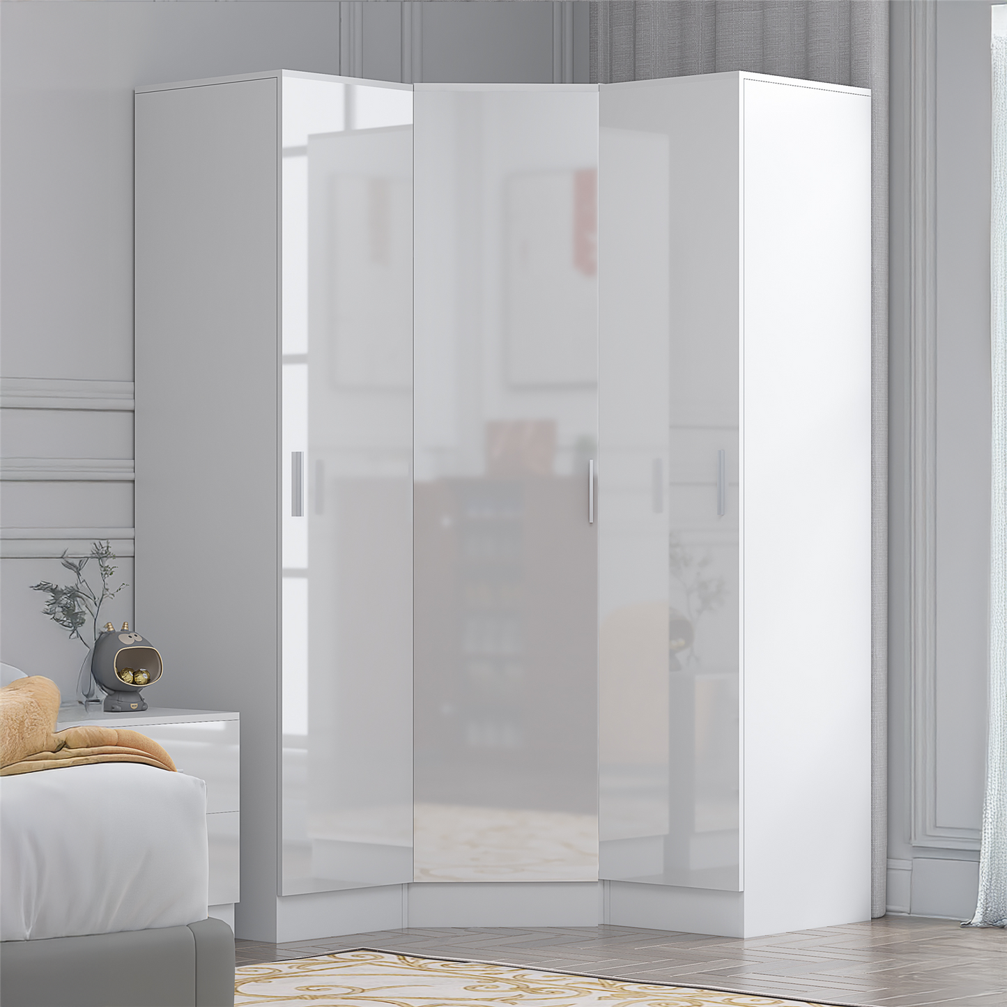 REFLECT - 1 Door Corner + 2x 1 Door Plain Wardrobe in Gloss White / Matt White