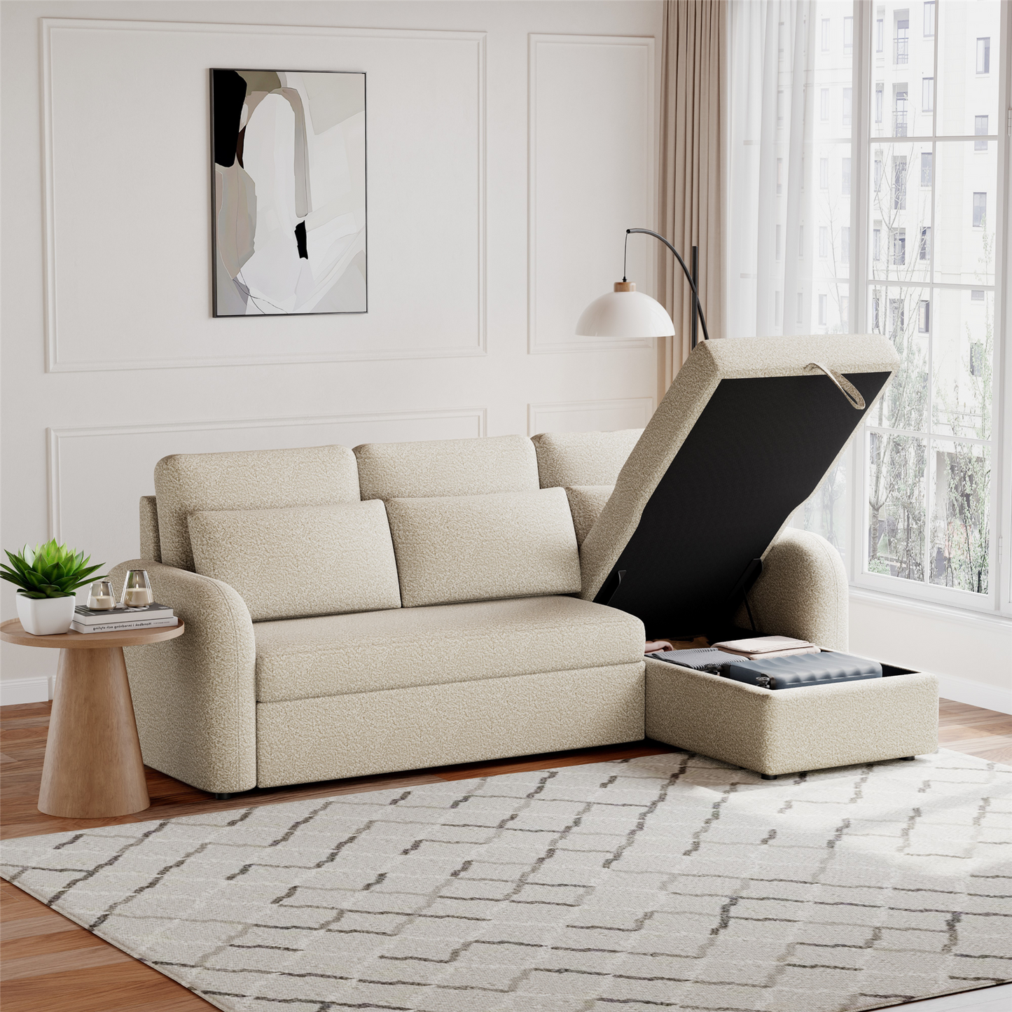 FLYN - 3 Seater L Shape Corner Sofabed in Teddy Boucle BEIGE