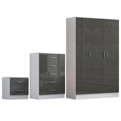REFLECT Gloss 3pc Bedroom Set - 3 Door Wardrobe + 5 Draw Chest + Bedside