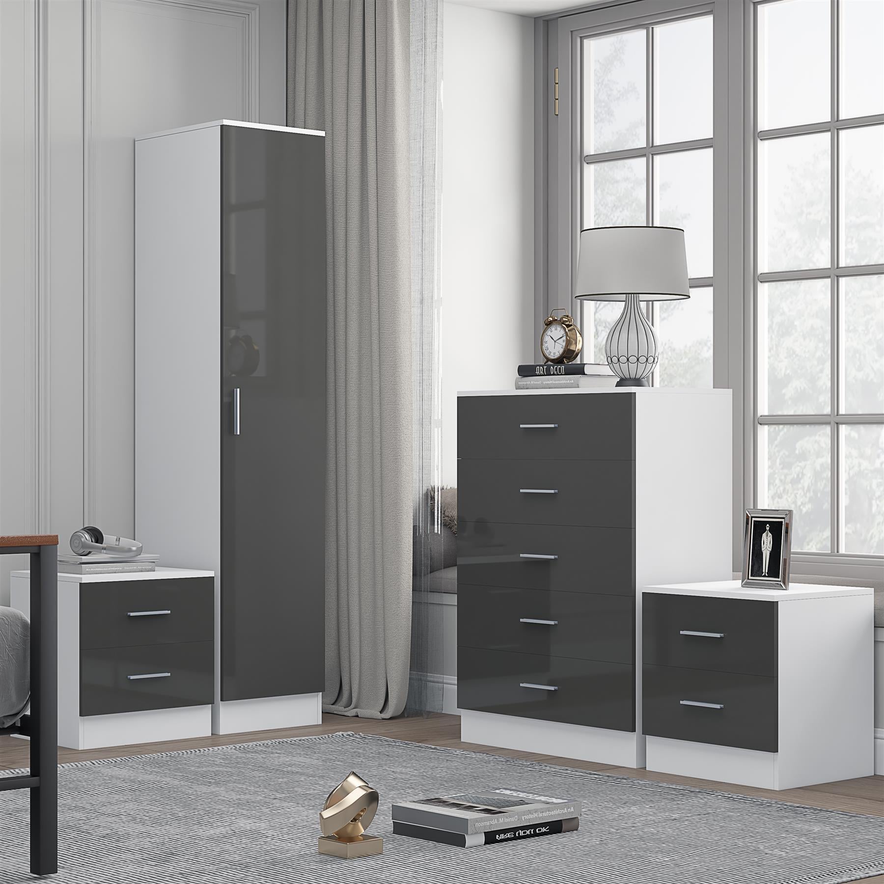 Reflect 1 Door Plain Wardrobe, 5 Drawer Chest, 2x 2 Drawer Bedsides - Grey Gloss & Matt White - Modern Bedroom Furniture Set