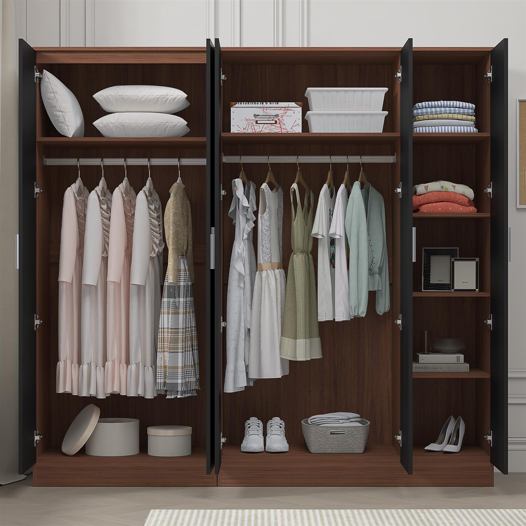 REFLECT - 3 Door PLAIN + 2 Door PLAIN Wardrobe - Gloss Black / Matt Walnut