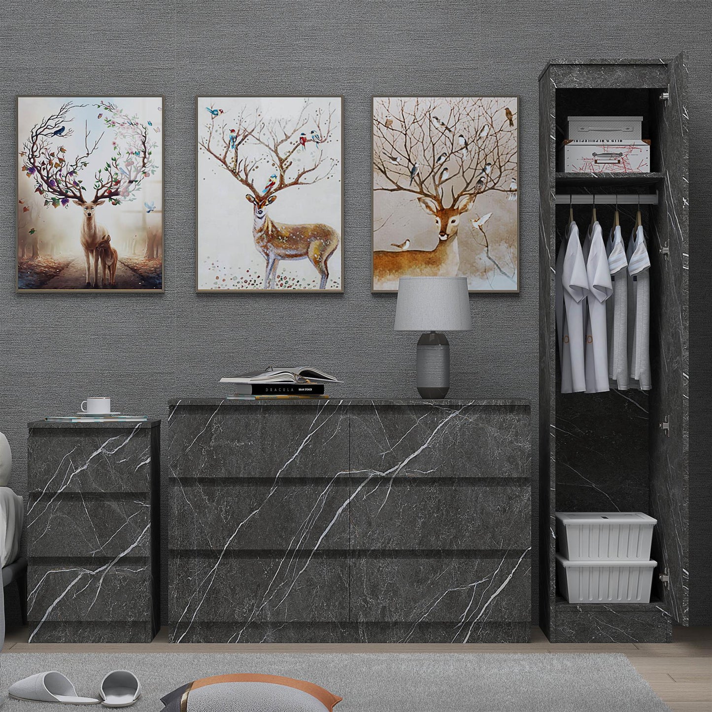 ZITA 3pc Set - 1 Door Wardrobe + Wide Chest + Bedside in White OR Grey Marble