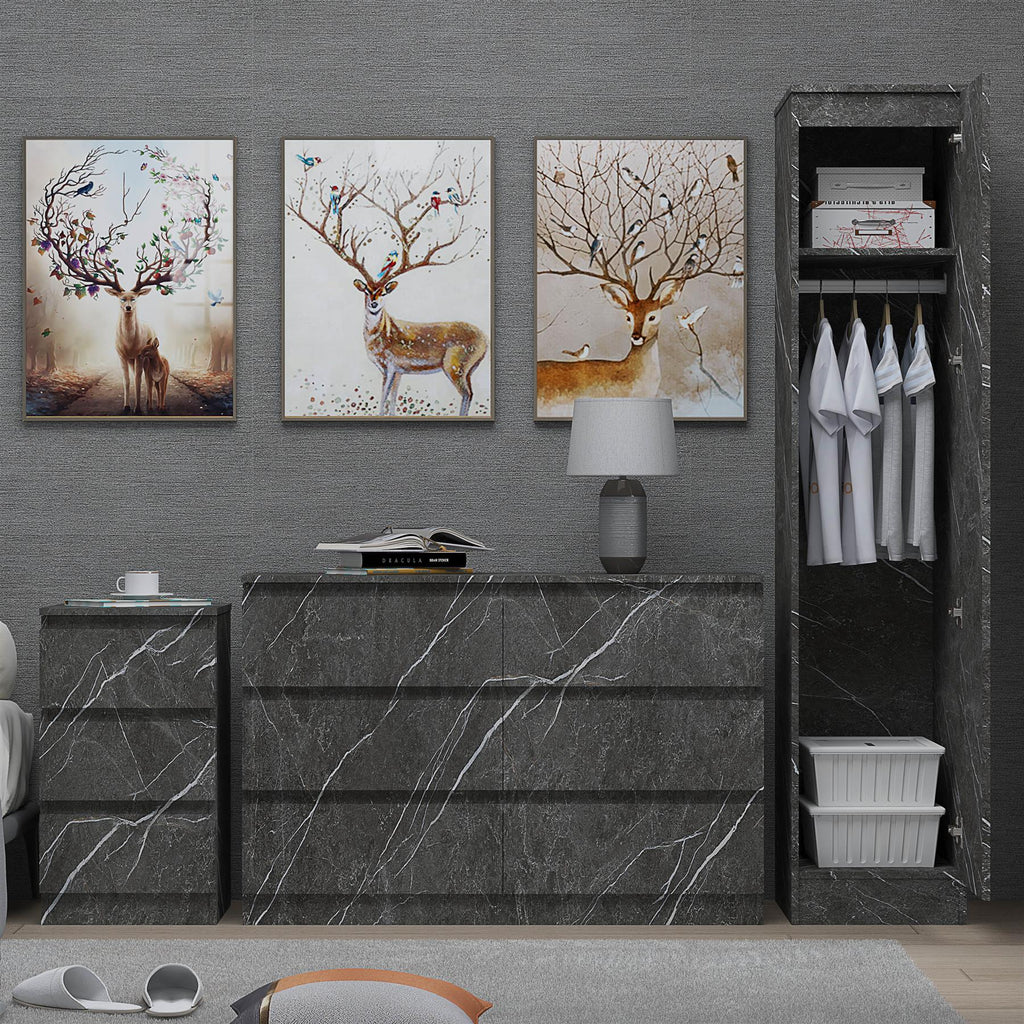 ZITA Grey Marble Effect 3 Piece Bedroom Set - 1-Door Wardrobe, Wide Chest & Bedside Table, Stylish Modern Bedroom Furniture