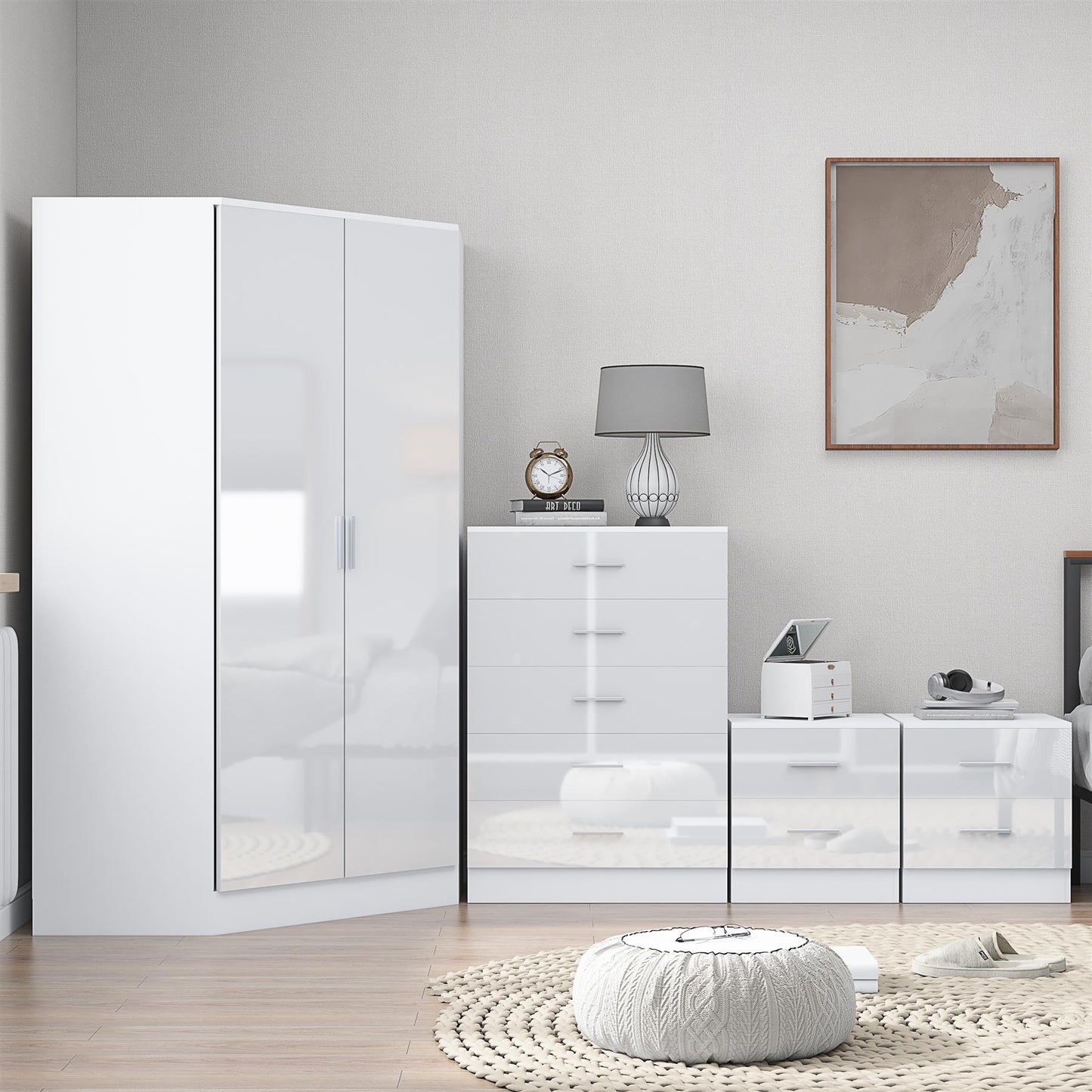 REFLECT Gloss 4pc Set - 2 Door Corner Wardrobe + 5 Draw Chest + 2 Bedsides