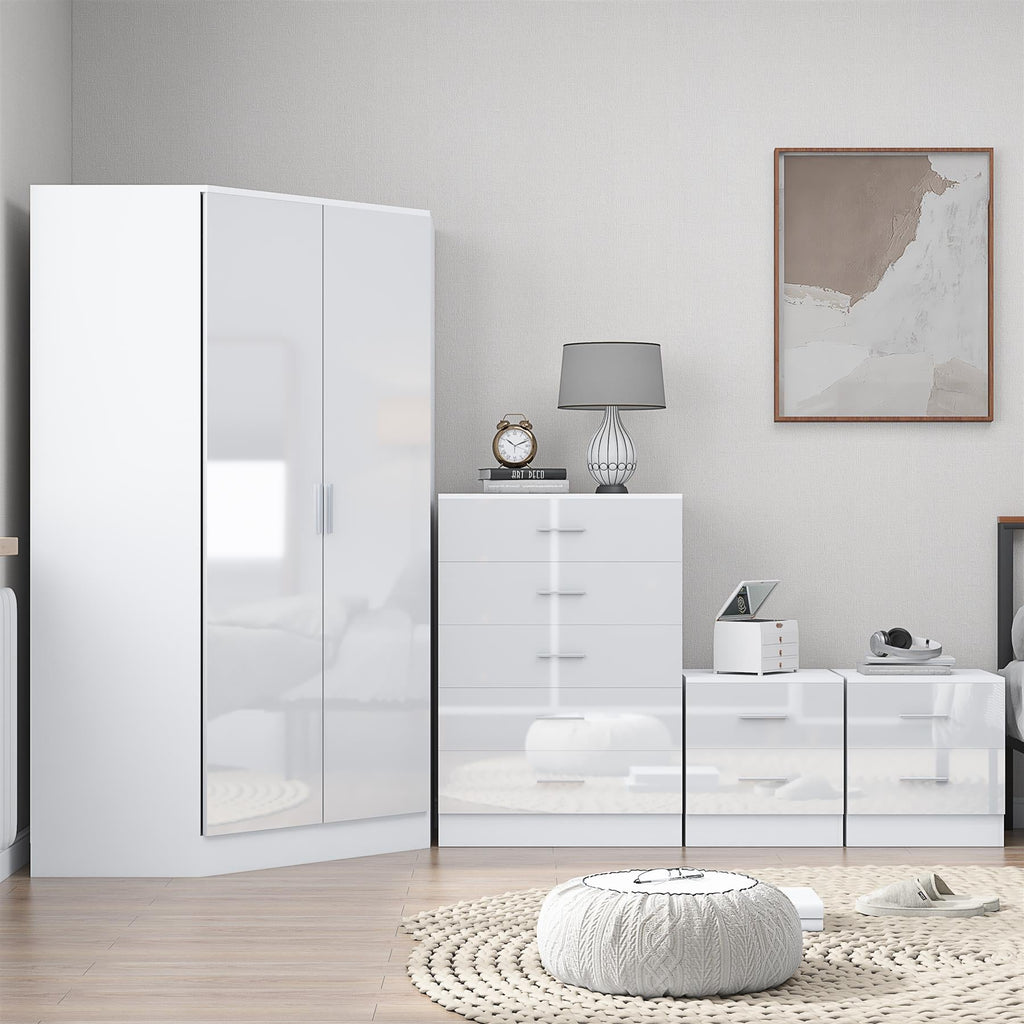 Reflect 2 Door Corner Wardrobe, 5 Drawer Chest, 2x 2 Drawer Bedsides - White Gloss & Matt White - Bedroom Furniture Set