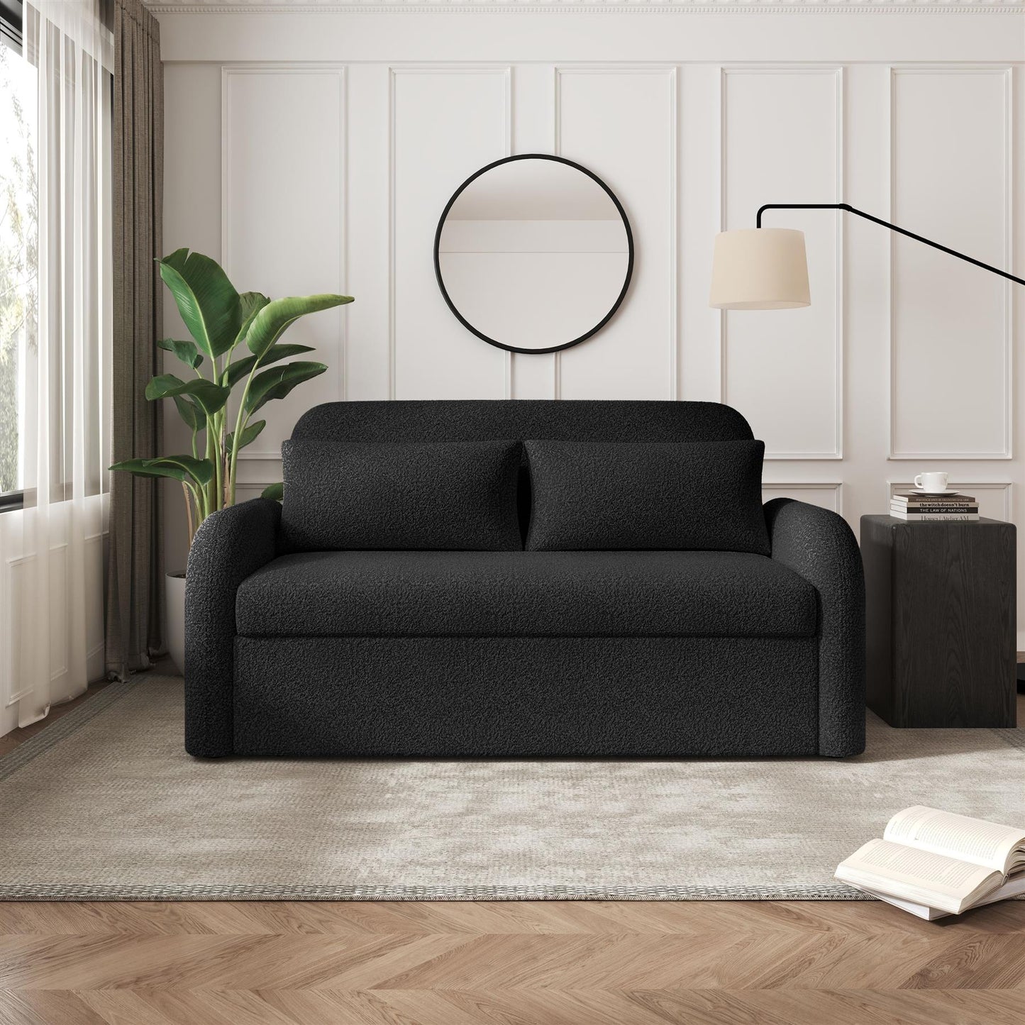 NOMA 2-Seater Boucle Pull Out Sofa Bed with Matching Cushions - Black