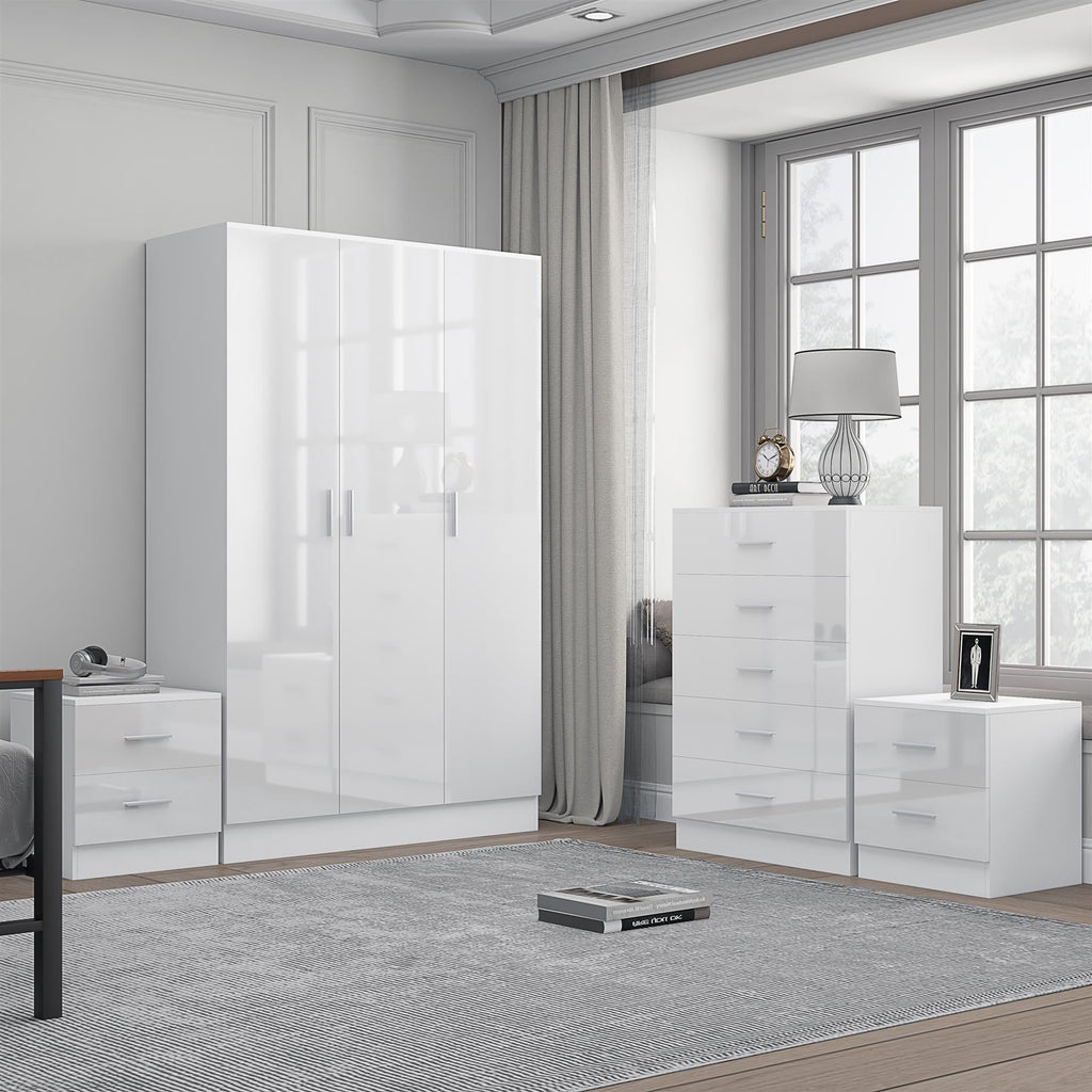 REFLECT Gloss 4pc Bedroom Set - 3 Door Wardrobe + 5 Draw Chest + 2 Bedsides