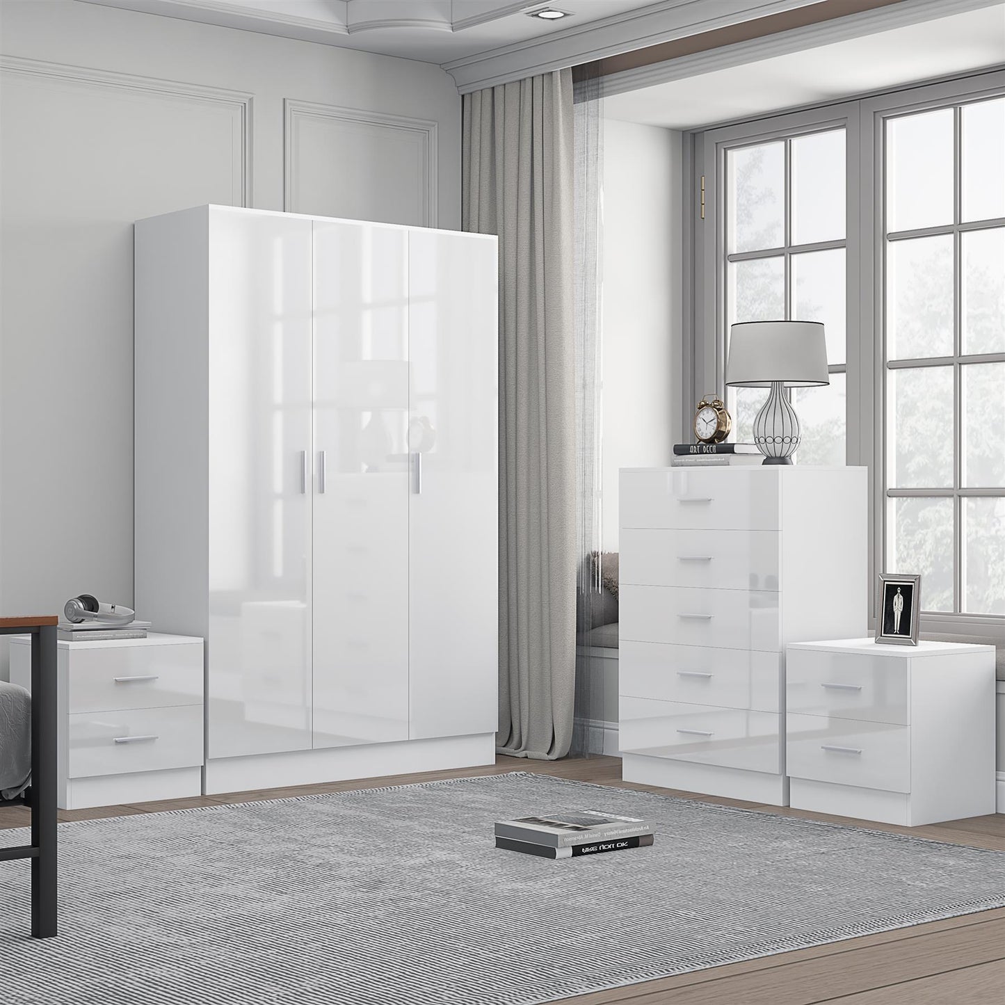 REFLECT Gloss 4pc Bedroom Set - 3 Door Wardrobe + 5 Draw Chest + 2 Bedsides