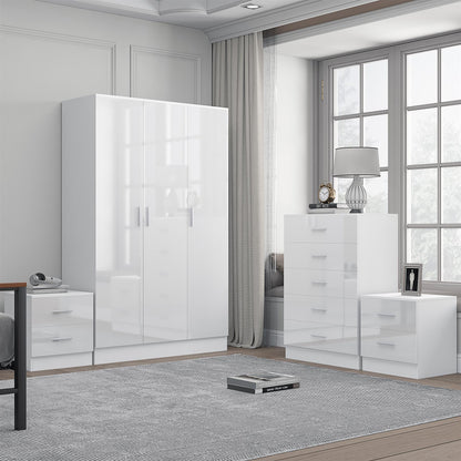 Reflect 3 Door Plain Wardrobe, 5 Drawer Chest, 2x 2 Drawer Bedsides - White Gloss & Matt White - Modern Bedroom Furniture Set