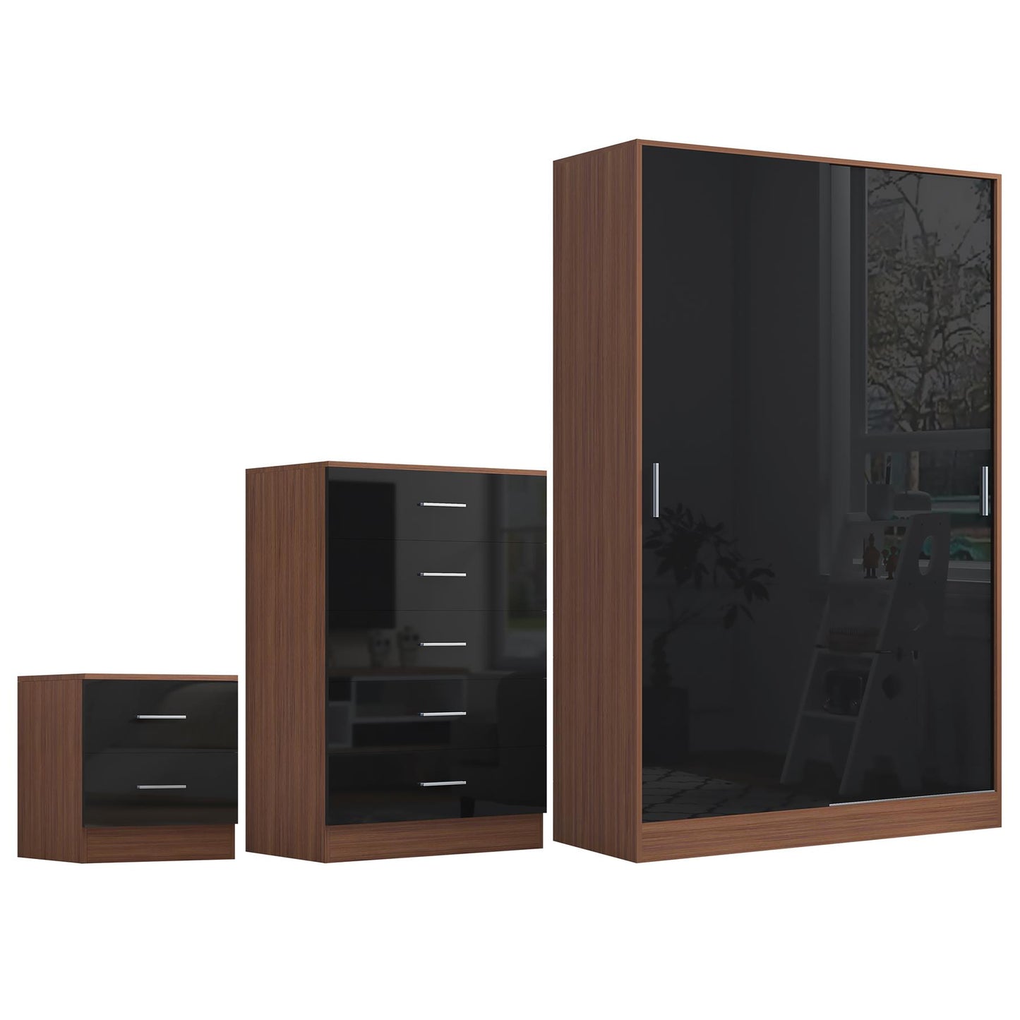 REFLECT Gloss 3pc Set - 2 Door Sliding Wardrobe + 5 Draw Chest + Bedside
