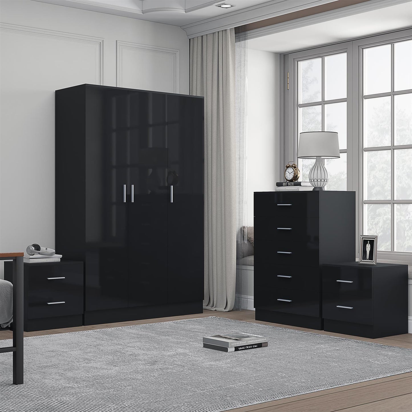 REFLECT Gloss 4pc Bedroom Set - 3 Door Wardrobe + 5 Draw Chest + 2 Bedsides