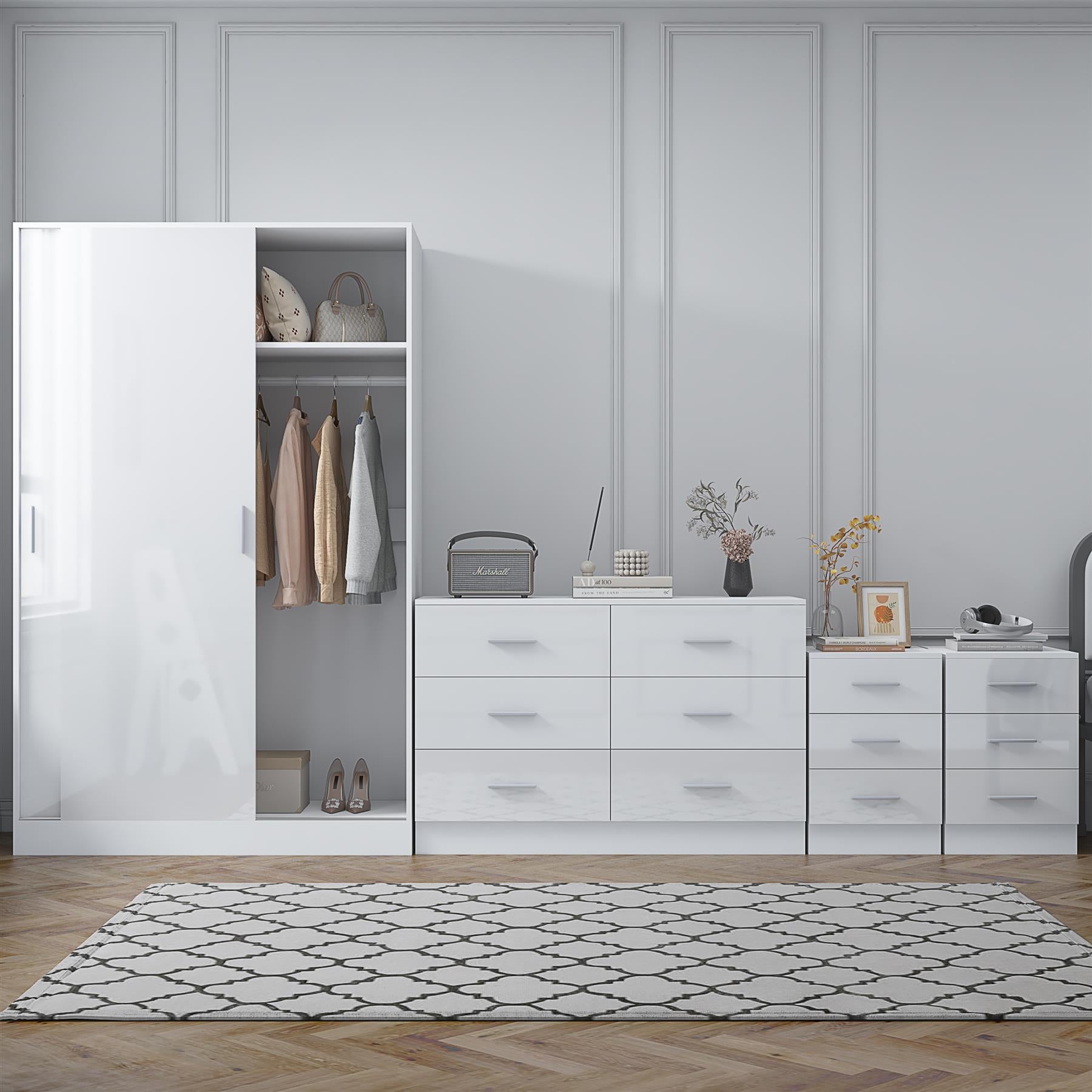 Reflect 2 Door Sliding Wardrobe, 6 Draw Wide Chest, 2x3 Drawer Bedsides - White Gloss & Matt White - Modern Bedroom Furniture Set
