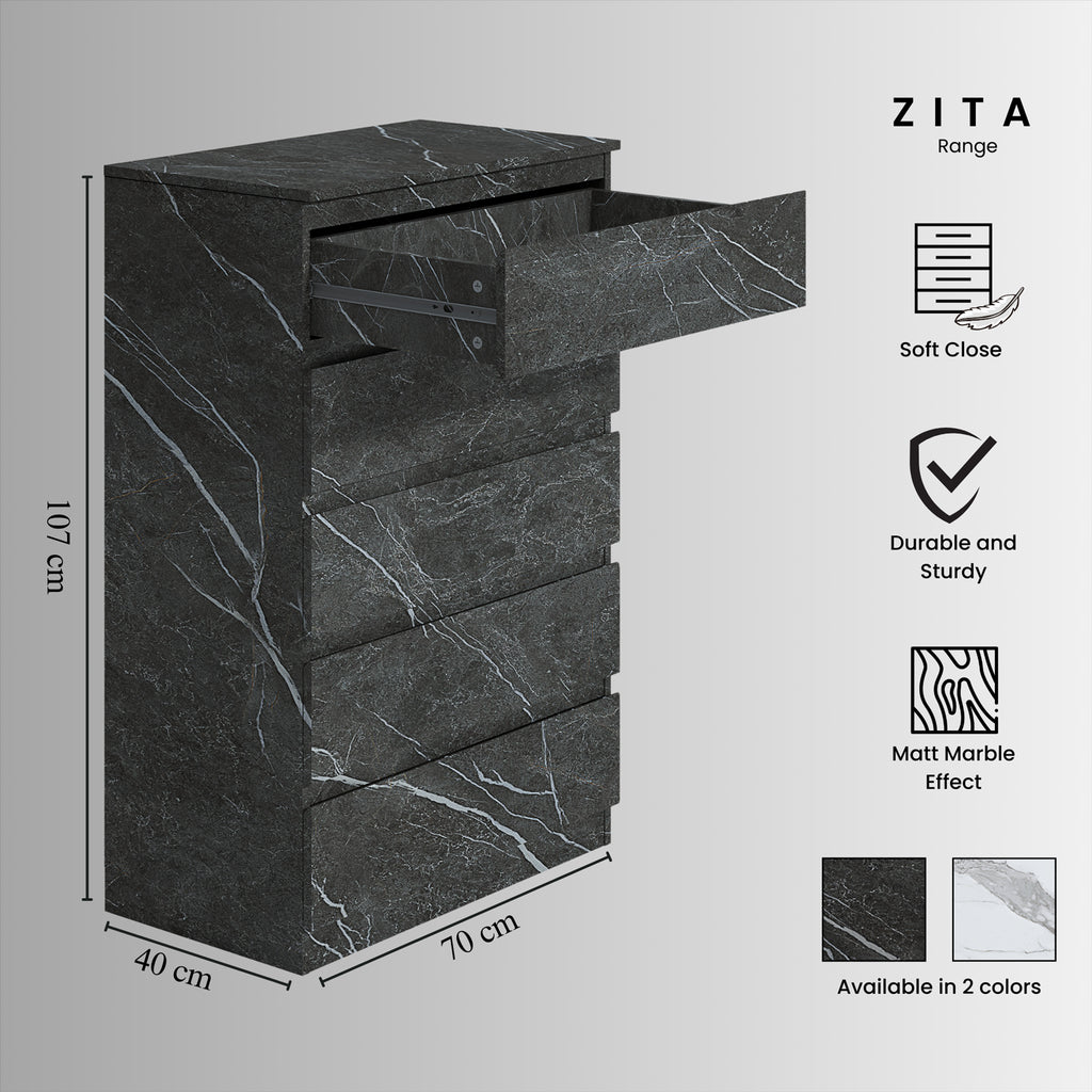 ZITA 4pc Grey Marble Effect Bedroom Set - 1-Door Wardrobe, Tall Chest & 2 Bedside Tables, Stylish Modern Storage Furniture