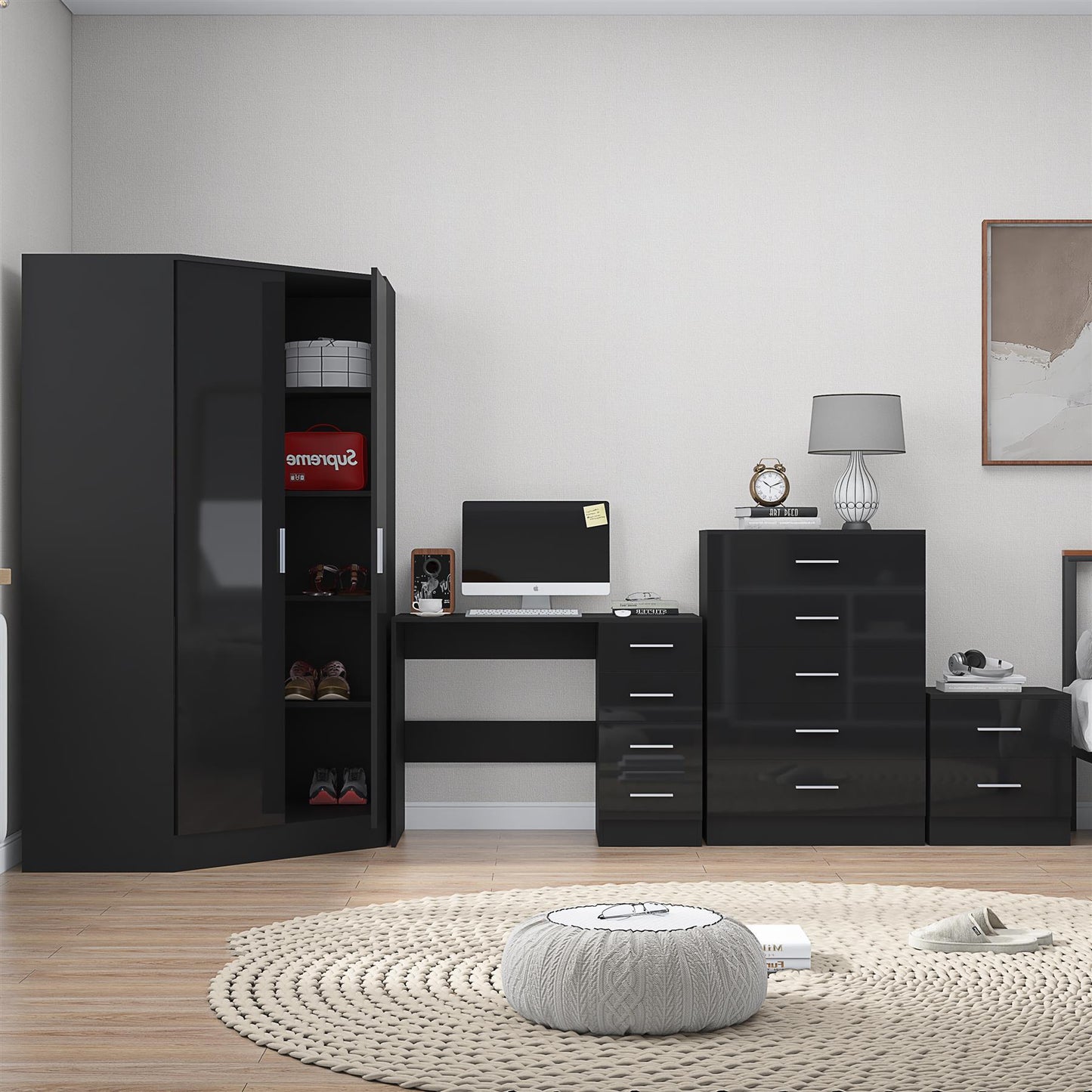 REFLECT Gloss 4pc Set - 2 Door Corner Wardrobe + 5 Draw Chest + Bedside + Desk