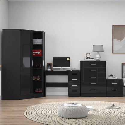Reflect 2 Door Corner Wardrobe, 5 Drawer Chest, 2 Drawer Bedside & Desk - Black Gloss & Black Oak - Bedroom Furniture Set