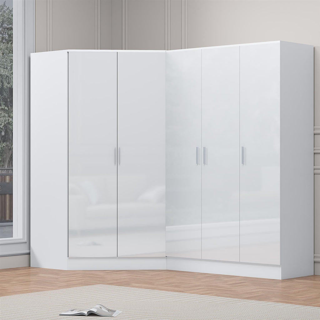 Reflect 2pc Wardrobe Bundle - 2 Door Corner + 3 Door Plain - White Gloss & Matt White - H: 180cm x W: 179cm x D: 103cm