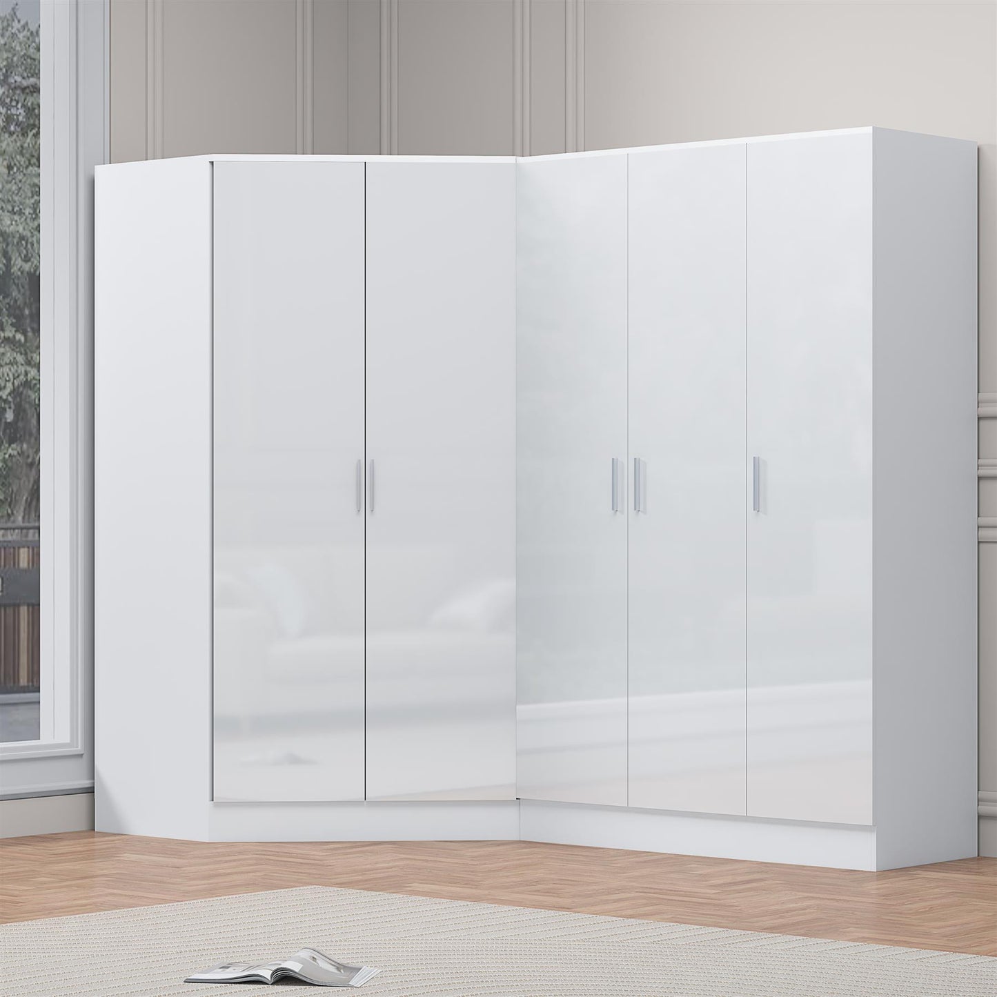 Reflect 2pc Wardrobe Bundle - 2 Door Corner + 3 Door Plain - White Gloss & Matt White
