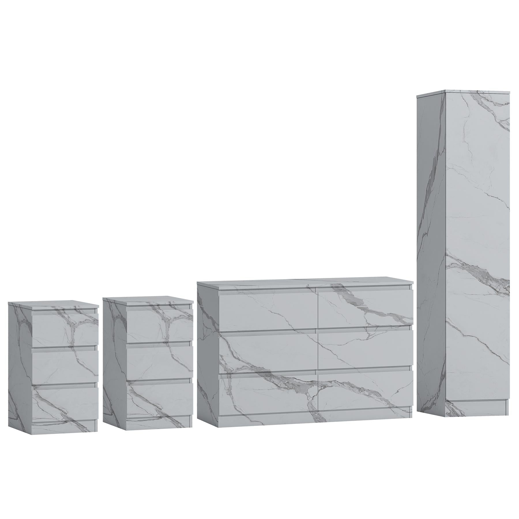 ZITA White Marble Effect 4pc Bedroom Set - 1-Door Wardrobe, Wide Chest & 2 Bedside Tables, Contemporary Bedroom Storage Solution