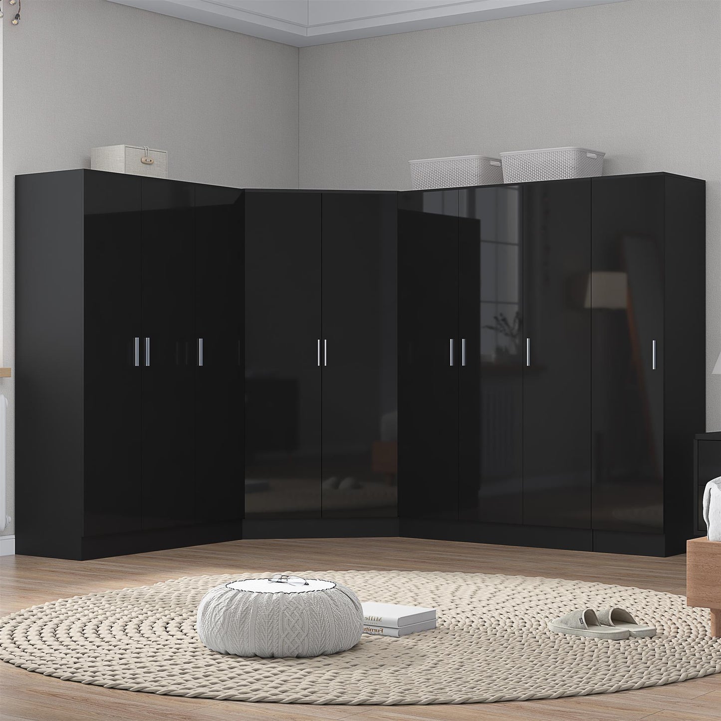 Reflect 4pc Wardrobe Bundle - 2 Door Corner + 2x 3 Door Plain + 1 Door Plain - Black Gloss & Black Oak