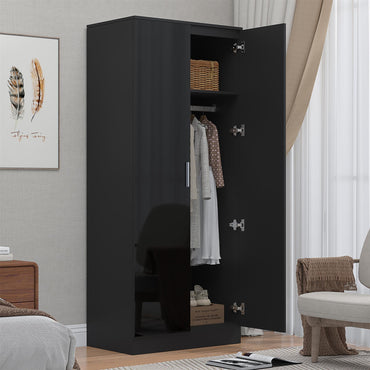 Reflect 2 Door Mirrored Wardrobe - Black Gloss & Black Oak - Hanging Rails & Shelves - Modern Sleek Design