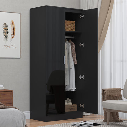 Reflect 2 Door Mirrored Wardrobe - Black Gloss & Black Oak - Hanging Rails & Shelves - Modern Sleek Design