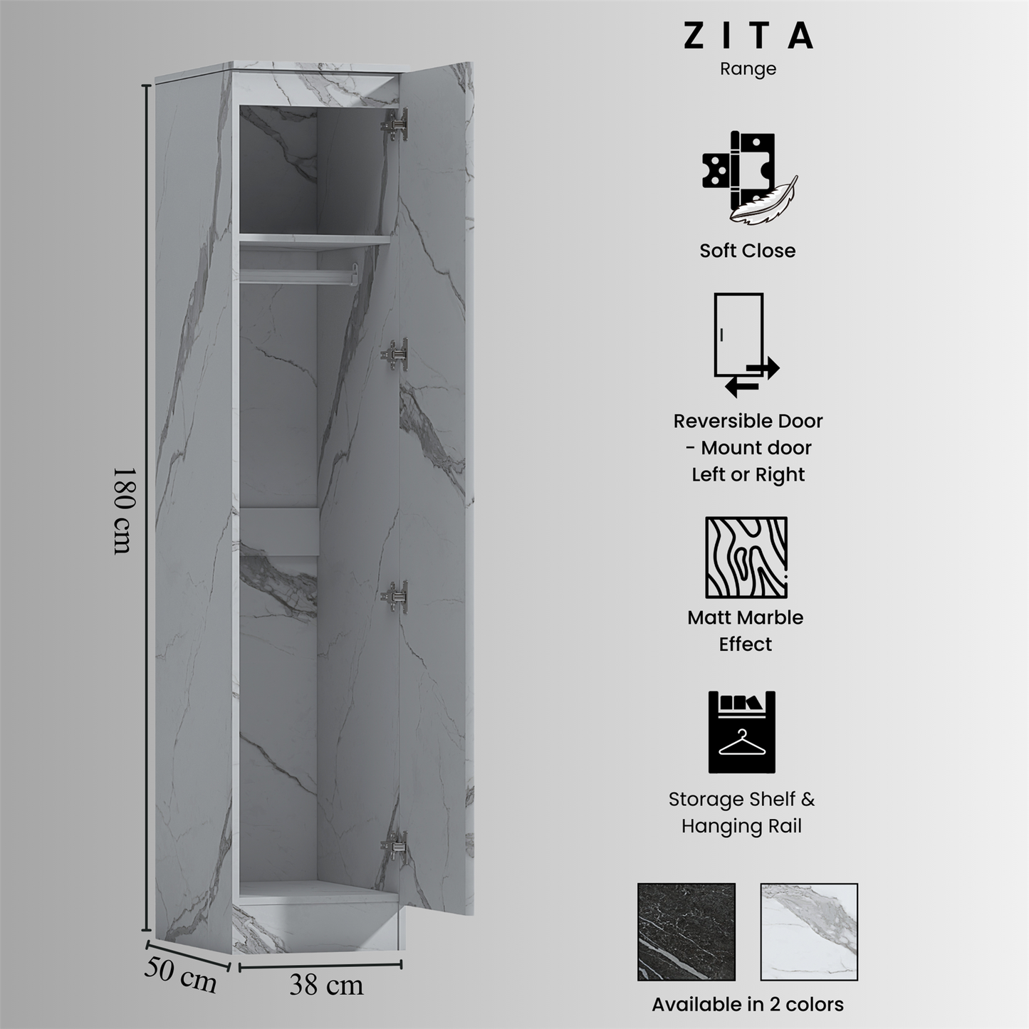 ZITA 4pc Set - 1 Door Wardrobe + Wide Chest + 2 Bedsides in White OR Grey Marble