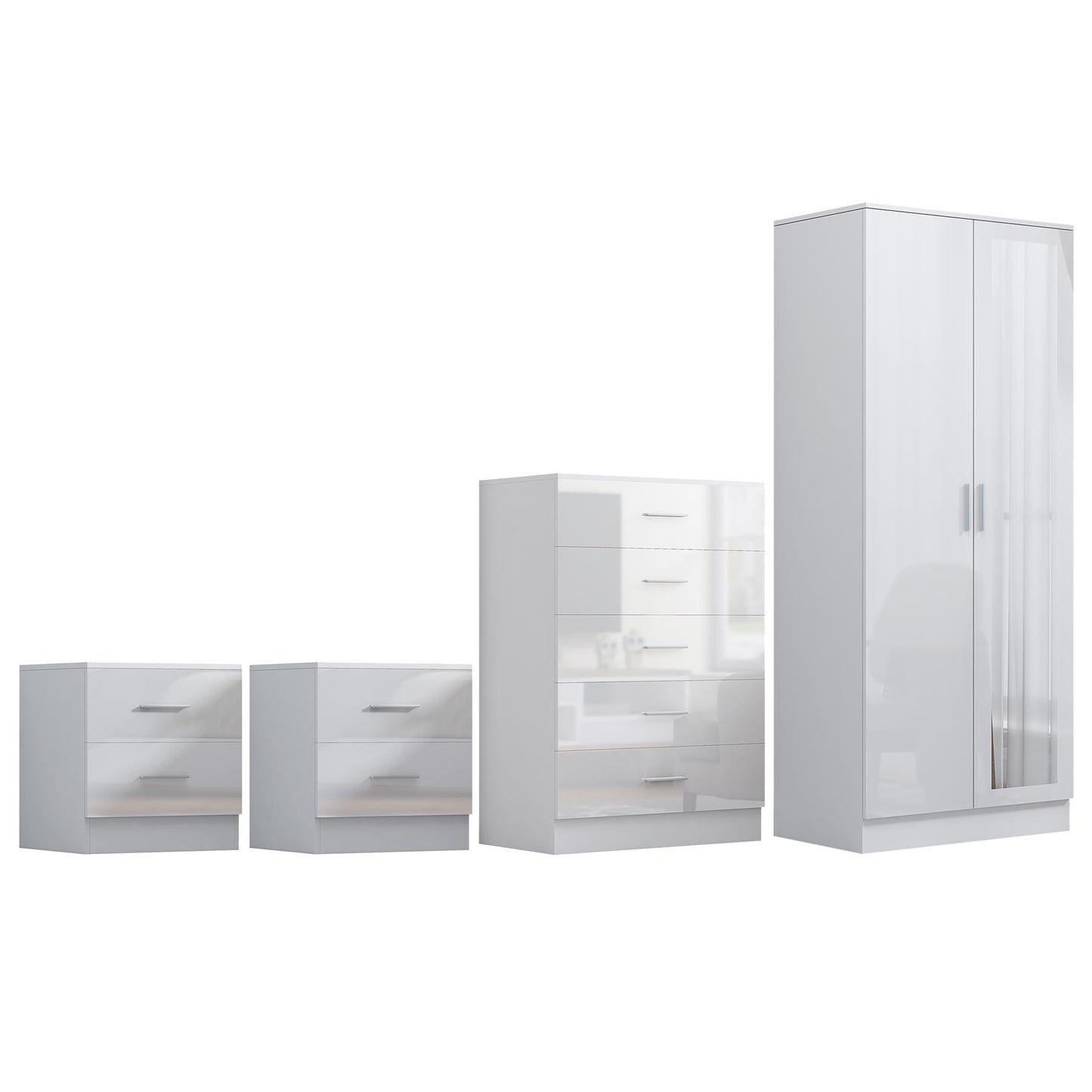 REFLECT Gloss 4pc Set - 2 Door Mirrored Wardrobe + 5 Draw Chest + 2 Bedsides