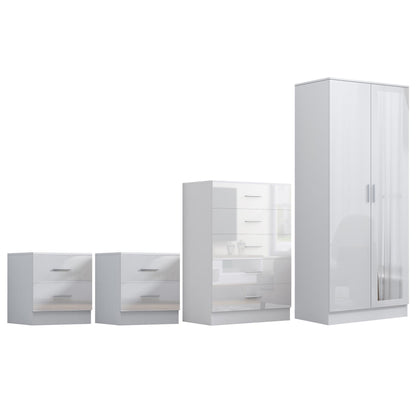 Reflect 2 Door Mirror Wardrobe, 5 Drawer Chest, 2x 2 Drawer Bedsides - White Gloss & Matt White - Modern Bedroom Furniture Set