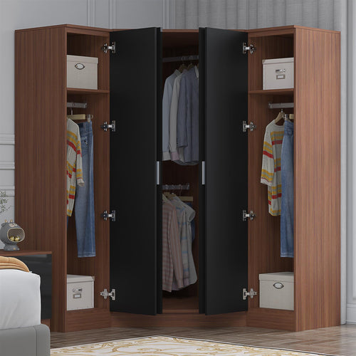 Reflect 3pc Wardrobe Bundle - 2 Door Corner + 2x 1 Door Plain - Black Gloss & Walnut