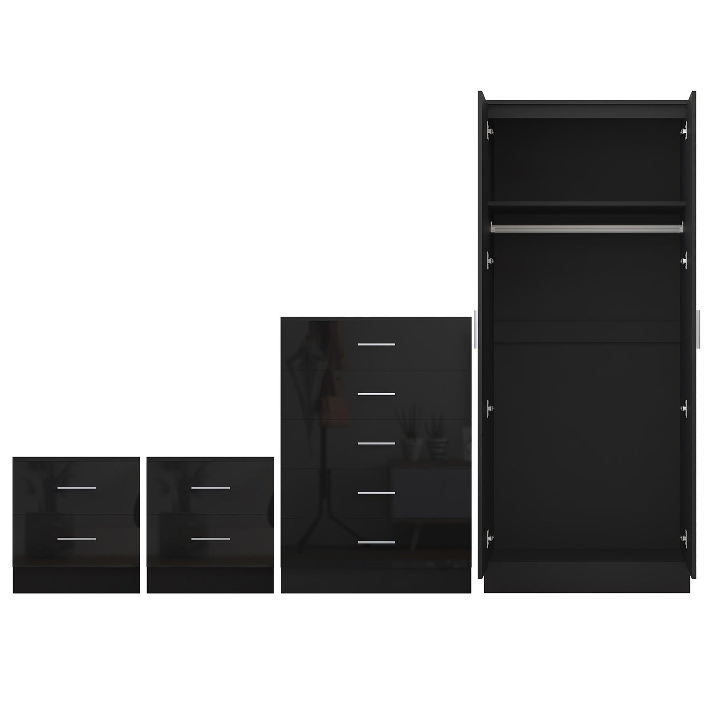 REFLECT Gloss 4pc Set - 2 Door Mirrored Wardrobe + 5 Draw Chest + 2 Bedsides