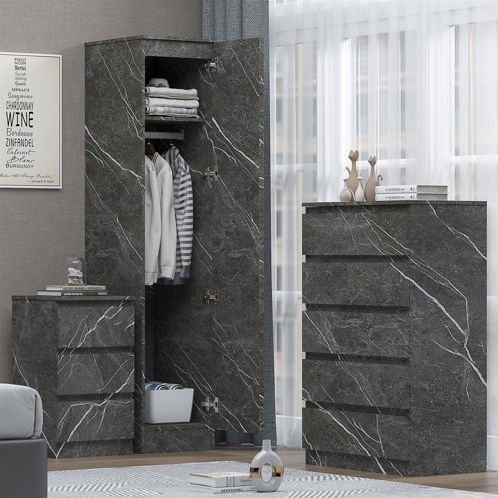 ZITA Grey Marble Effect 3 Piece Bedroom Set - 1-Door Wardrobe, Chest & Bedside Table, Stylish Modern Storage Furniture