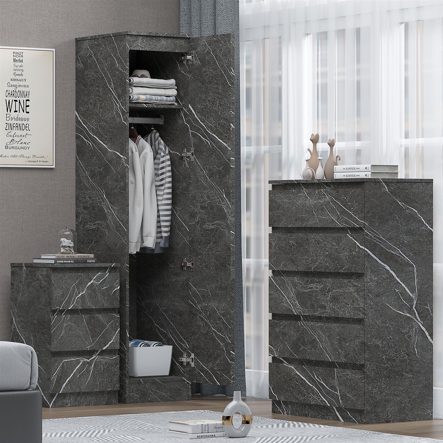 ZITA Grey Marble Effect 3 Piece Bedroom Set - 1-Door Wardrobe, Chest & Bedside Table, Stylish Modern Storage Furniture