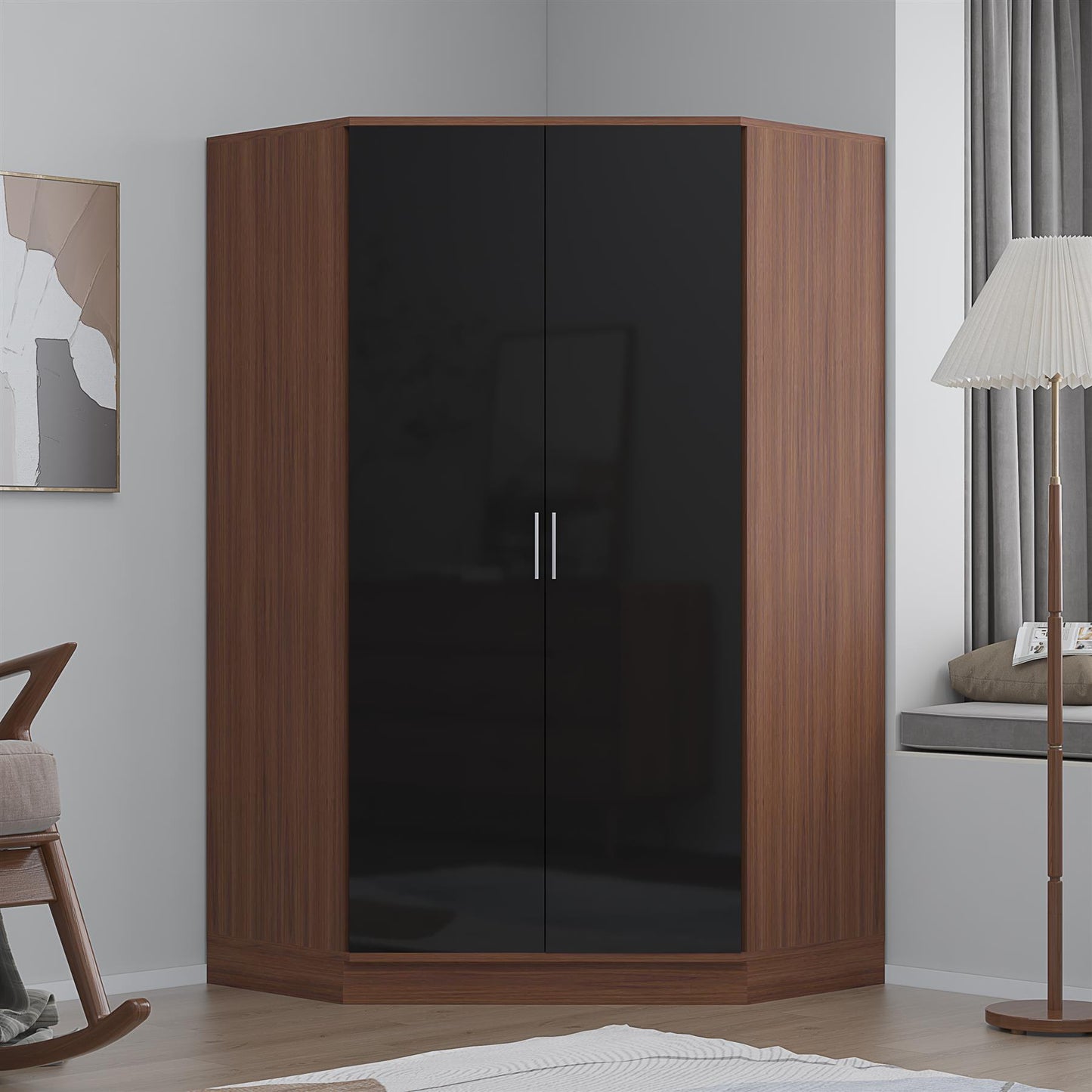 Reflect 2 Door Corner Wardrobe - Black Gloss & Walnut - 2 Hanging Rails & 8 Shelves - Modern Design