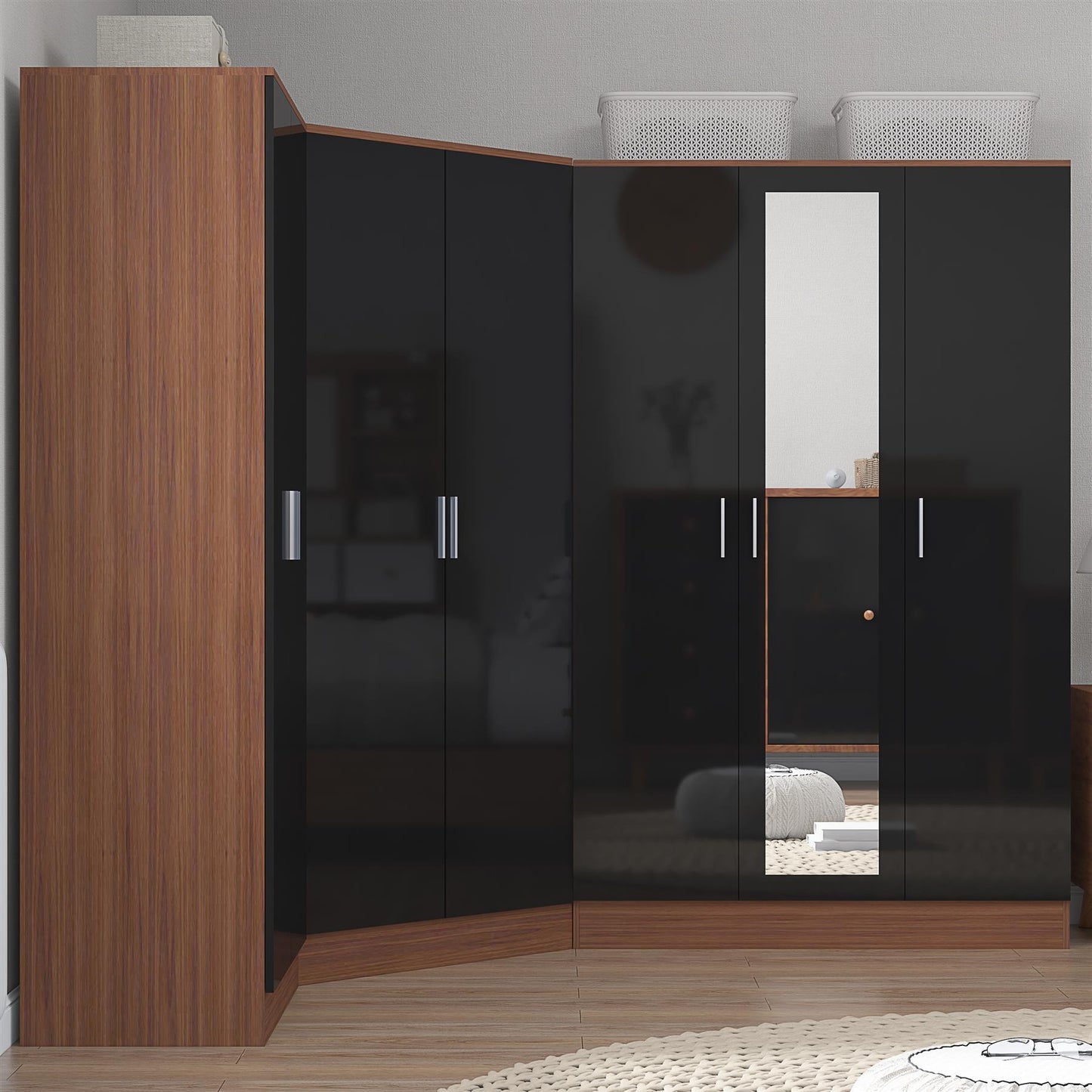 Reflect 3pc Wardrobe Bundle - 2 Door Corner + 3 Door Mirror + 2 Door Plain - Black Gloss & Walnut