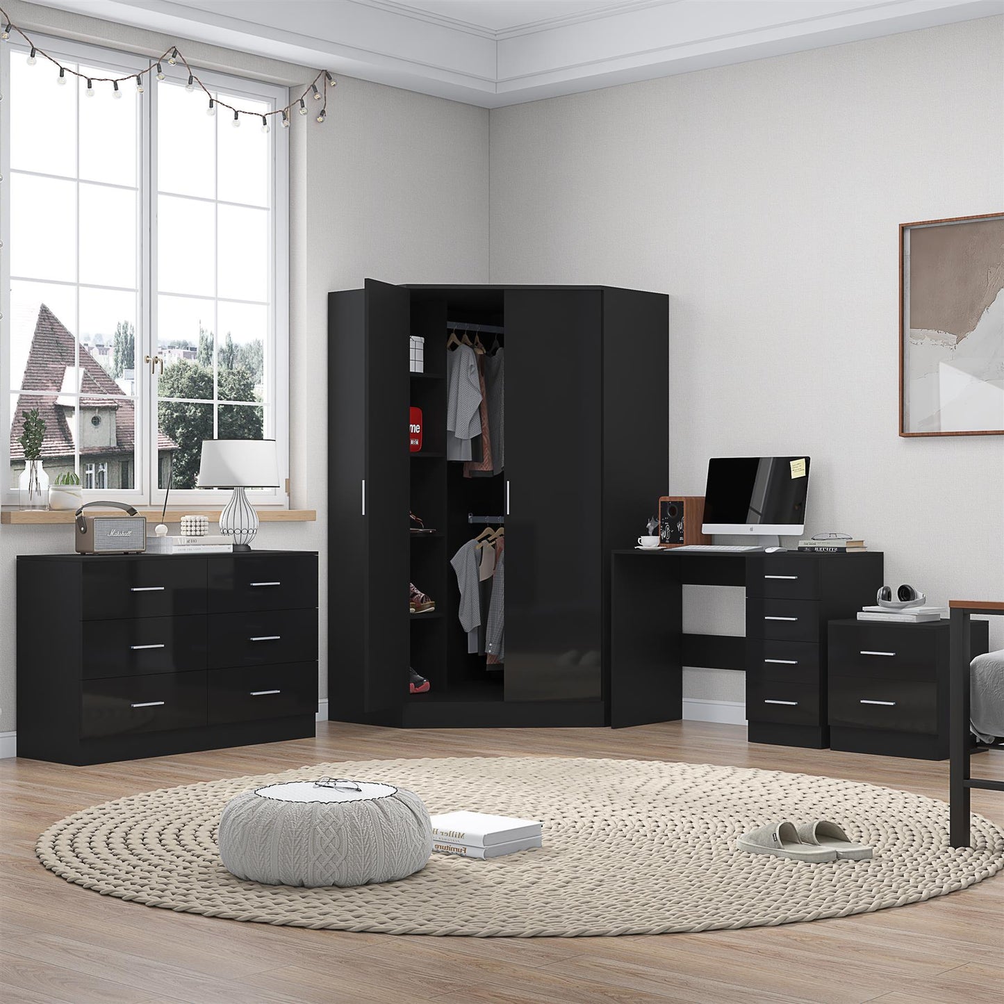 Reflect 2 Door Corner Wardrobe, 6 Drawer Chest, 2 Drawer Bedside & Desk - Black Gloss & Black Oak - Bedroom Furniture Set