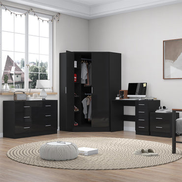 Reflect 2 Door Corner Wardrobe, 6 Drawer Chest, 2 Drawer Bedside & Desk - Black Gloss & Black Oak - Bedroom Furniture Set