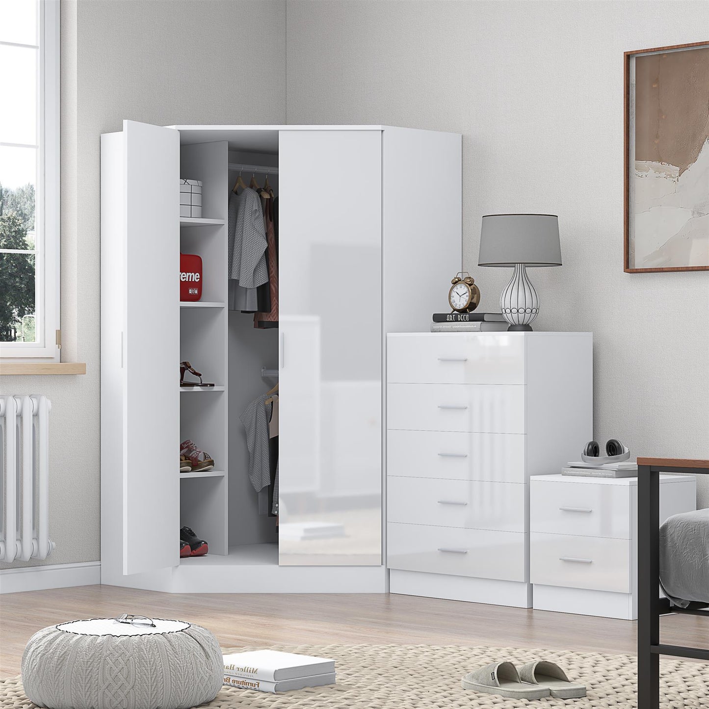 Reflect 2 Door Corner Wardrobe, 5 Drawer Chest, 2 Drawer Bedside - White Gloss & Matt White - Bedroom Furniture Set