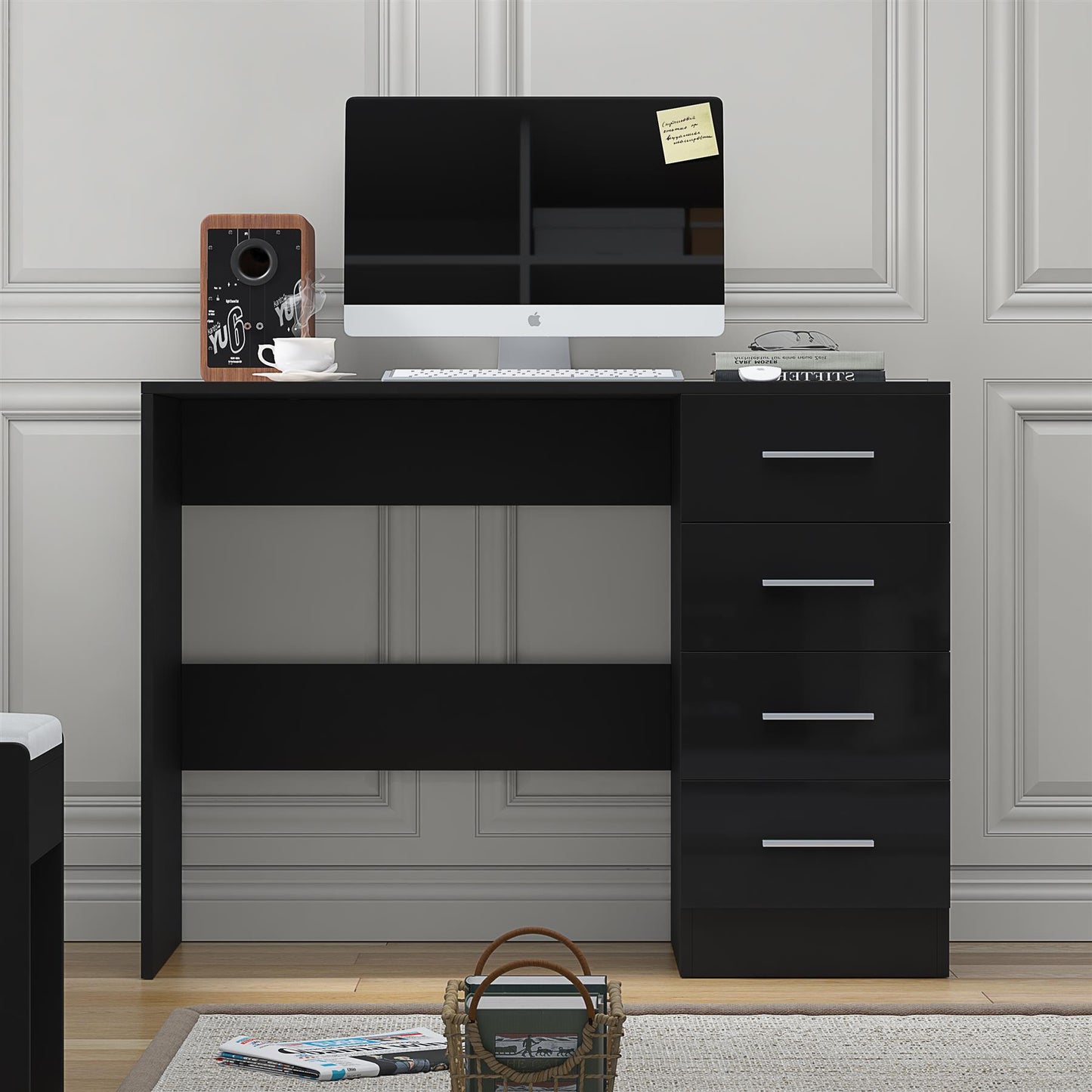 Reflect 4 Drawer Desk - Black Gloss & Black Oak - Modern Bedroom Storage for Vanity, Work or Study